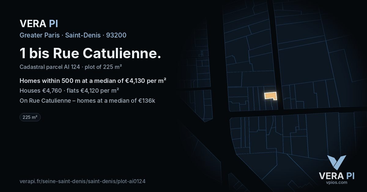 1 bis Rue Catulienne, Saint-Denis at night – the plot lit, the parcels around coloured by the prices near them