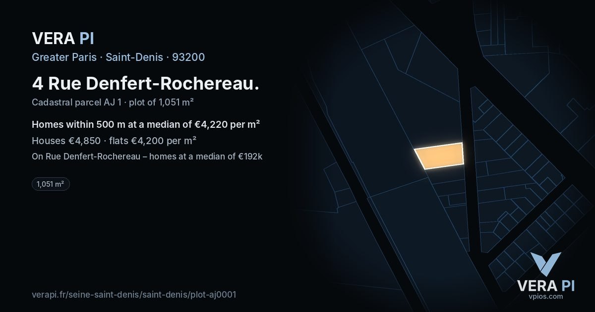4 Rue Denfert-Rochereau, Saint-Denis at night – the plot lit, the parcels around coloured by the prices near them