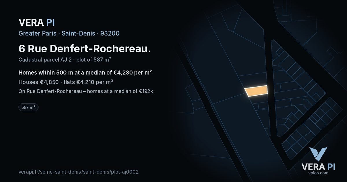 6 Rue Denfert-Rochereau, Saint-Denis at night – the plot lit, the parcels around coloured by the prices near them