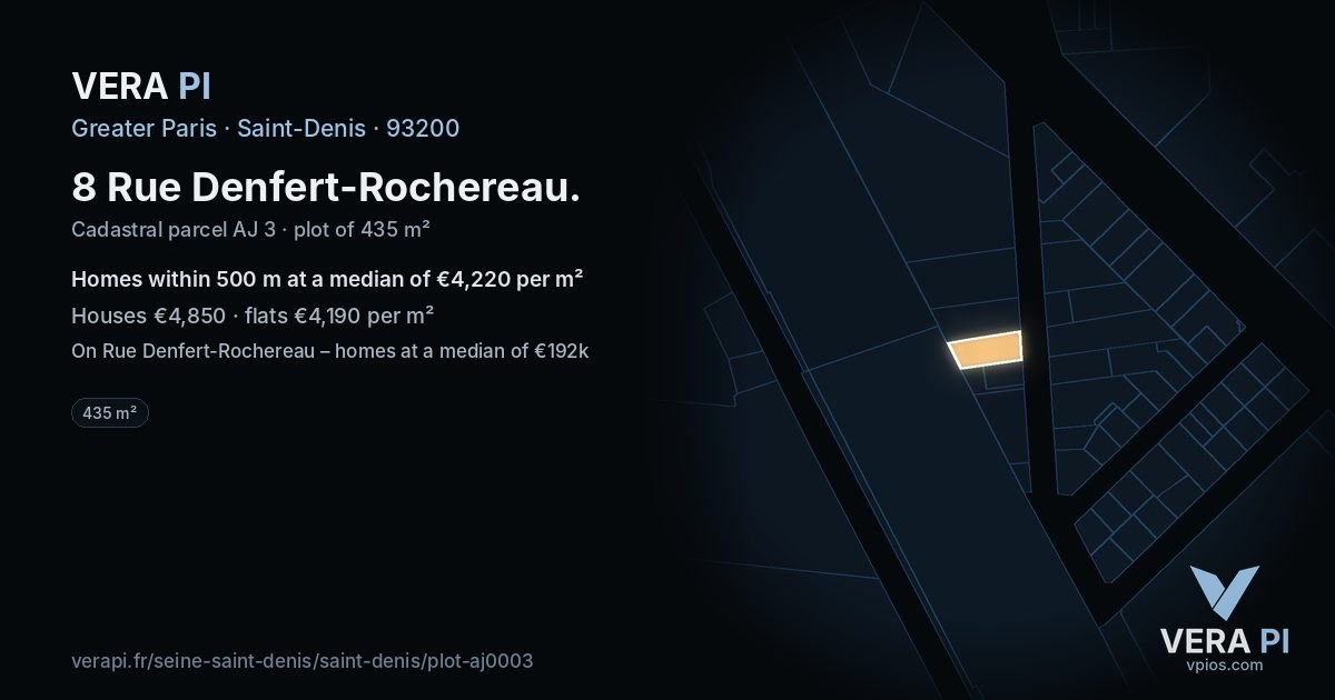 8 Rue Denfert-Rochereau, Saint-Denis at night – the plot lit, the parcels around coloured by the prices near them
