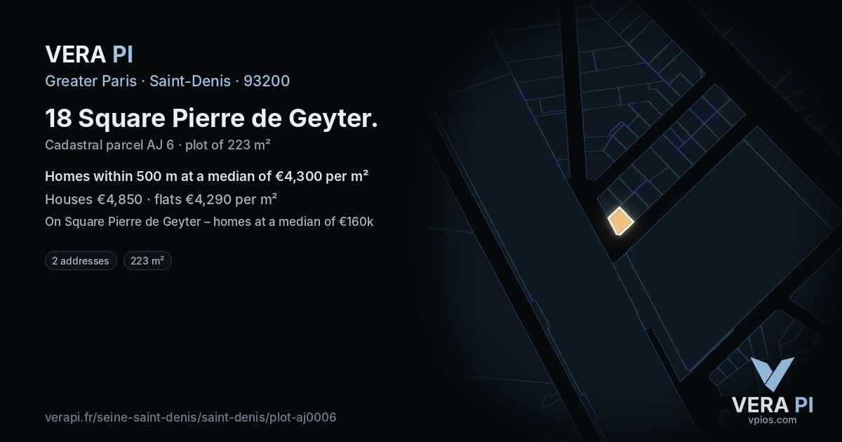 18 Square Pierre de Geyter, Saint-Denis at night – the plot lit, the parcels around coloured by the prices near them
