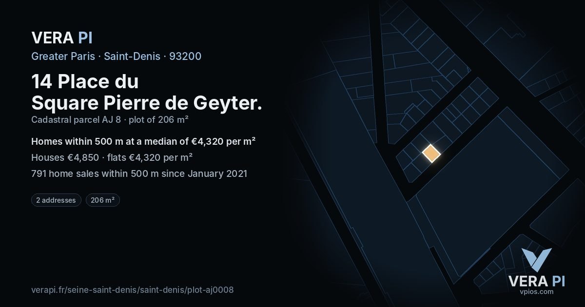 14 Place du Square Pierre de Geyter, Saint-Denis at night – the plot lit, the parcels around coloured by the prices near them