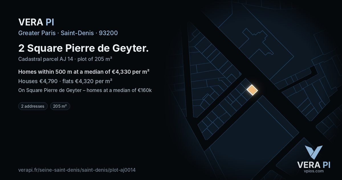 2 Square Pierre de Geyter, Saint-Denis at night – the plot lit, the parcels around coloured by the prices near them