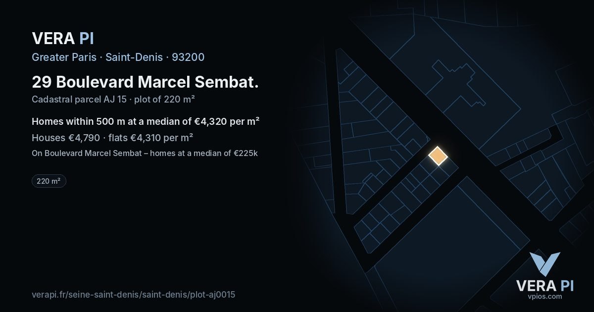 29 Boulevard Marcel Sembat, Saint-Denis at night – the plot lit, the parcels around coloured by the prices near them