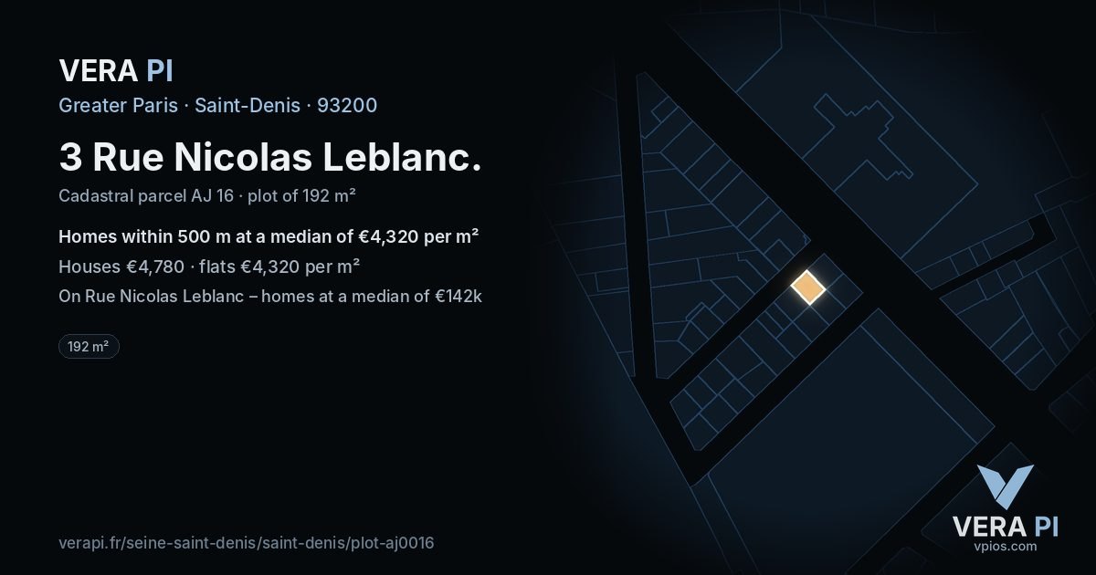 3 Rue Nicolas Leblanc, Saint-Denis at night – the plot lit, the parcels around coloured by the prices near them