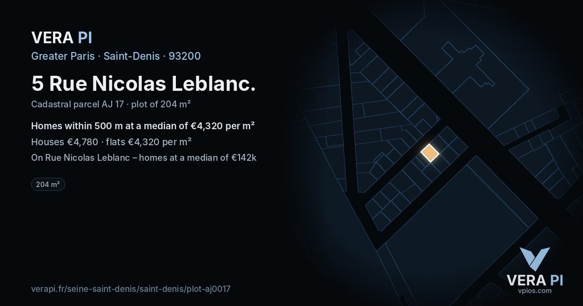 5 Rue Nicolas Leblanc, Saint-Denis at night – the plot lit, the parcels around coloured by the prices near them