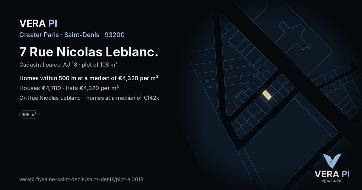 7 Rue Nicolas Leblanc, Saint-Denis at night – the plot lit, the parcels around coloured by the prices near them
