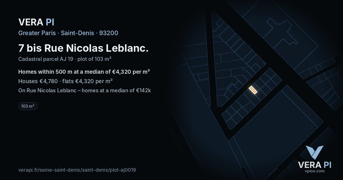 7 bis Rue Nicolas Leblanc, Saint-Denis at night – the plot lit, the parcels around coloured by the prices near them