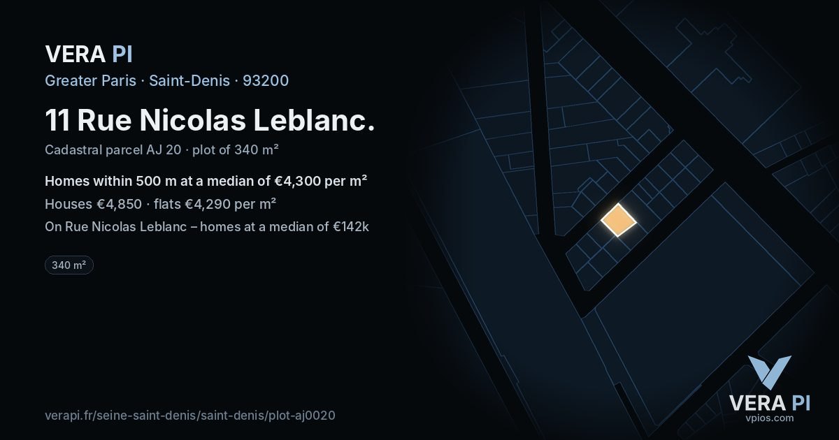 11 Rue Nicolas Leblanc, Saint-Denis at night – the plot lit, the parcels around coloured by the prices near them