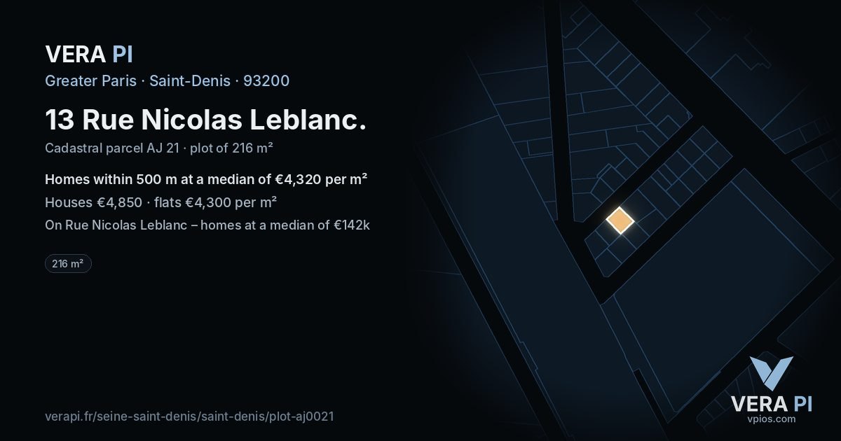13 Rue Nicolas Leblanc, Saint-Denis at night – the plot lit, the parcels around coloured by the prices near them