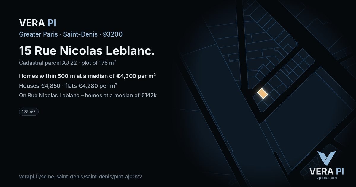 15 Rue Nicolas Leblanc, Saint-Denis at night – the plot lit, the parcels around coloured by the prices near them