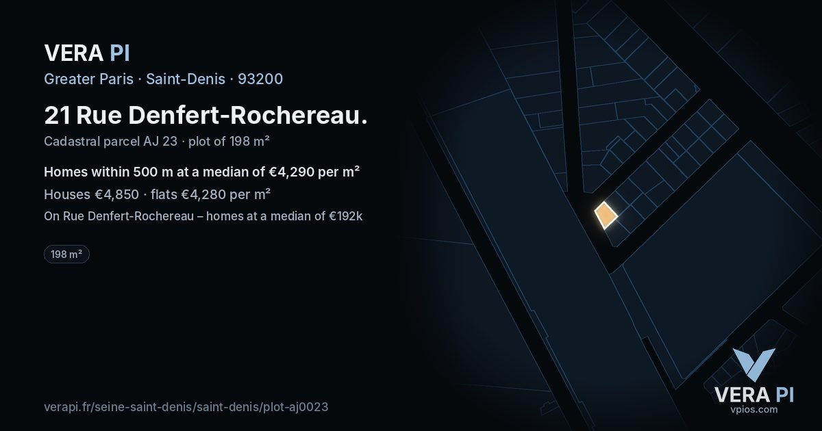 21 Rue Denfert-Rochereau, Saint-Denis at night – the plot lit, the parcels around coloured by the prices near them