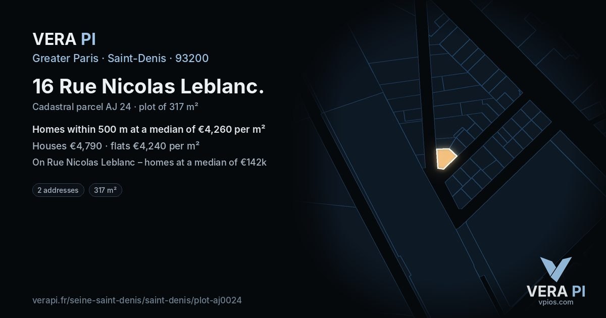 16 Rue Nicolas Leblanc, Saint-Denis at night – the plot lit, the parcels around coloured by the prices near them