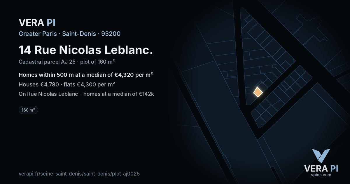 14 Rue Nicolas Leblanc, Saint-Denis at night – the plot lit, the parcels around coloured by the prices near them