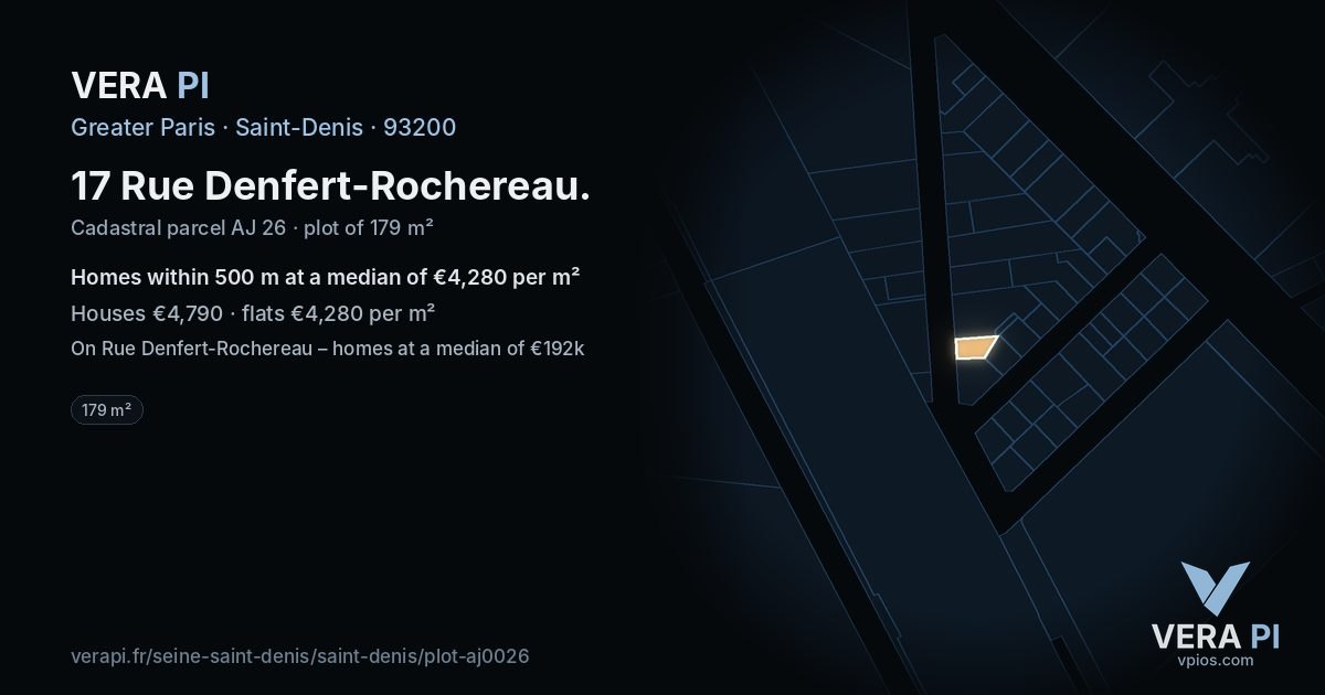 17 Rue Denfert-Rochereau, Saint-Denis at night – the plot lit, the parcels around coloured by the prices near them