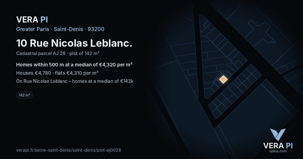 10 Rue Nicolas Leblanc, Saint-Denis at night – the plot lit, the parcels around coloured by the prices near them