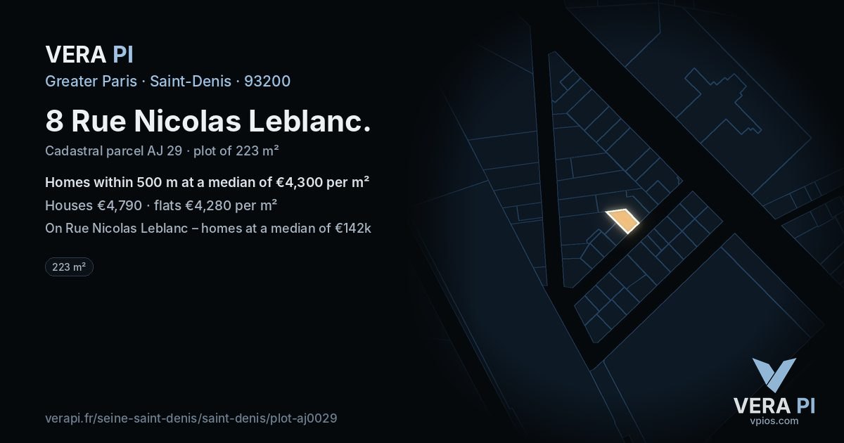 8 Rue Nicolas Leblanc, Saint-Denis at night – the plot lit, the parcels around coloured by the prices near them