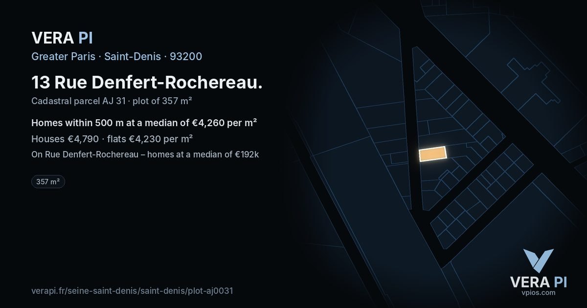 13 Rue Denfert-Rochereau, Saint-Denis at night – the plot lit, the parcels around coloured by the prices near them