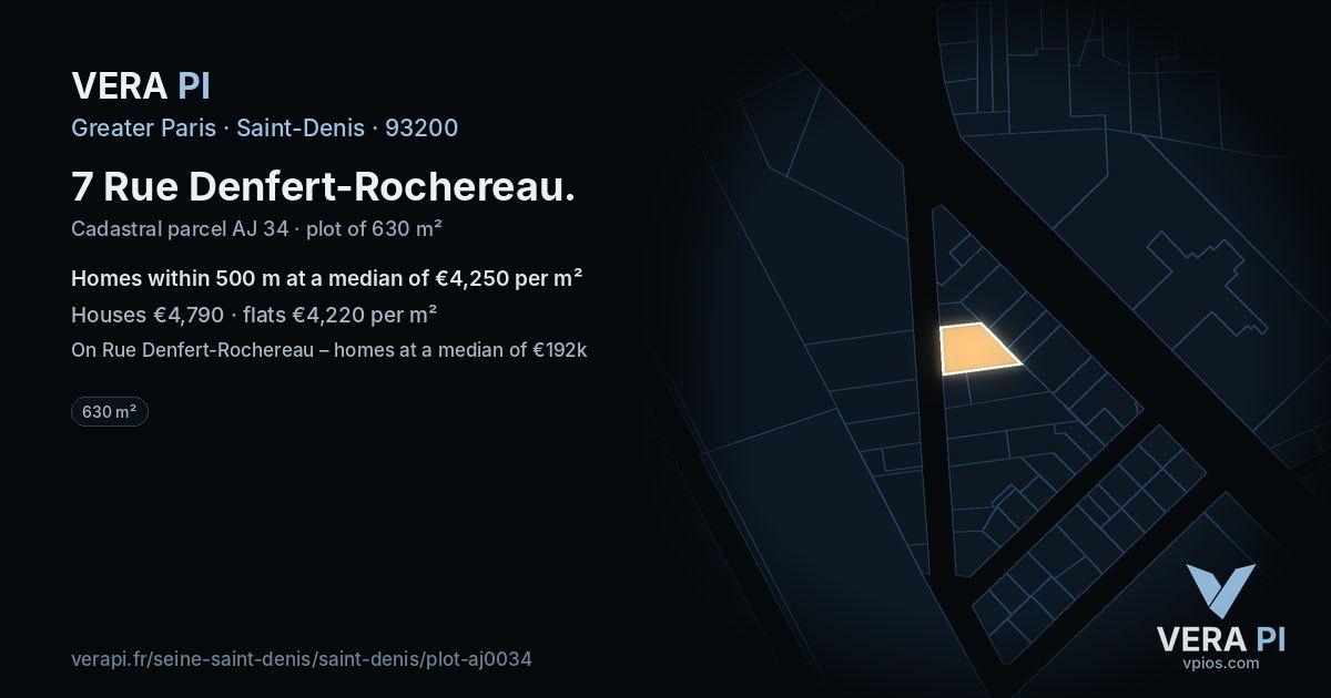 7 Rue Denfert-Rochereau, Saint-Denis at night – the plot lit, the parcels around coloured by the prices near them