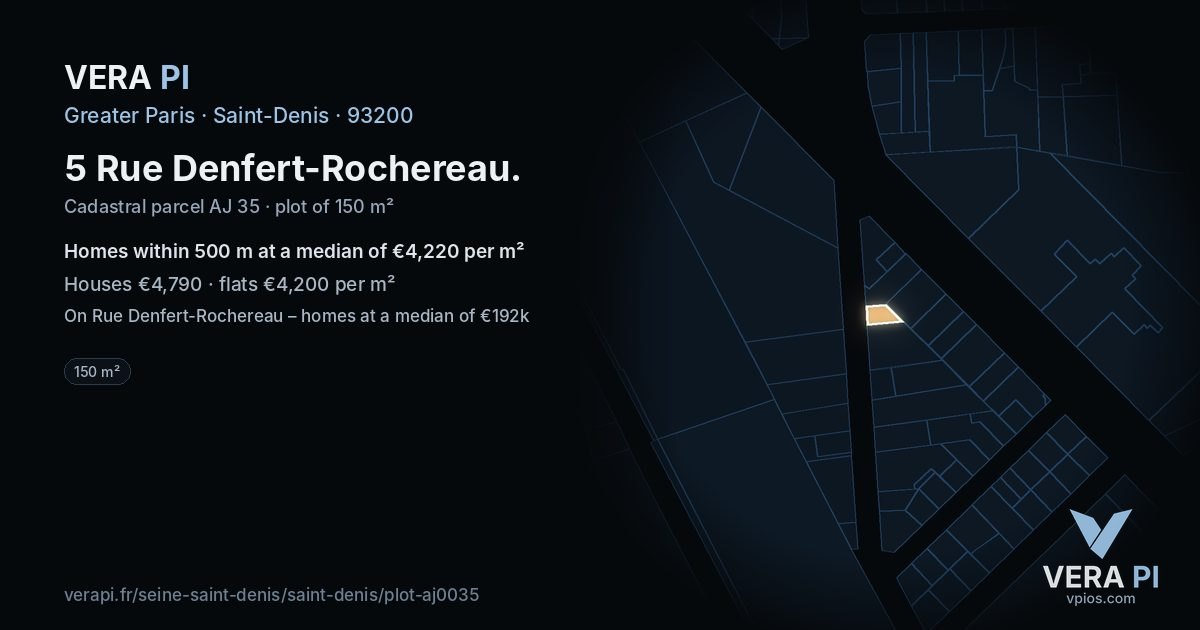 5 Rue Denfert-Rochereau, Saint-Denis at night – the plot lit, the parcels around coloured by the prices near them