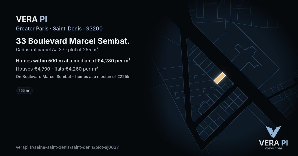 33 Boulevard Marcel Sembat, Saint-Denis at night – the plot lit, the parcels around coloured by the prices near them