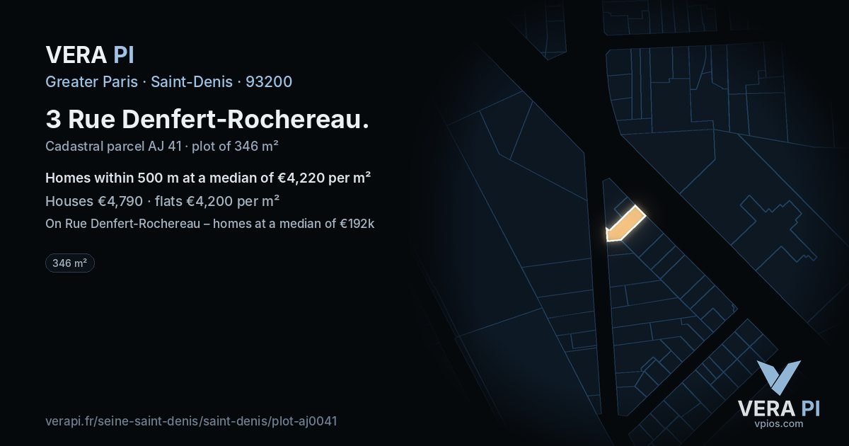 3 Rue Denfert-Rochereau, Saint-Denis at night – the plot lit, the parcels around coloured by the prices near them