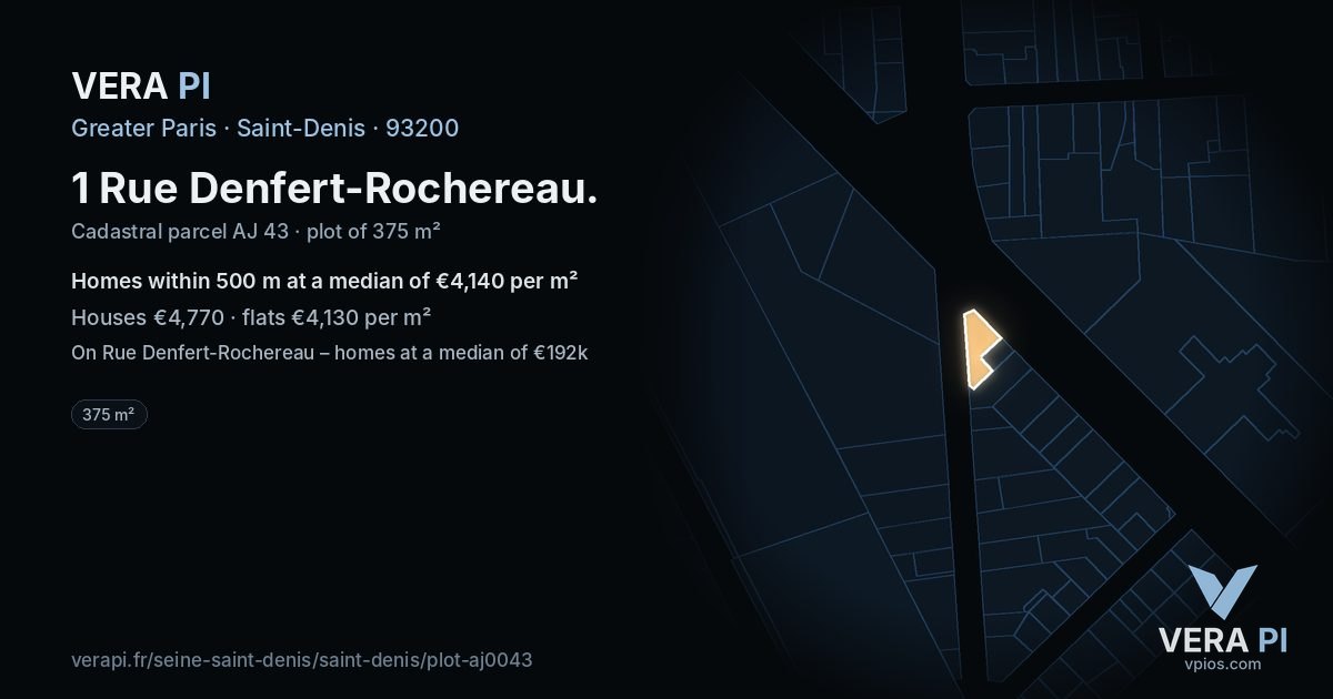1 Rue Denfert-Rochereau, Saint-Denis at night – the plot lit, the parcels around coloured by the prices near them