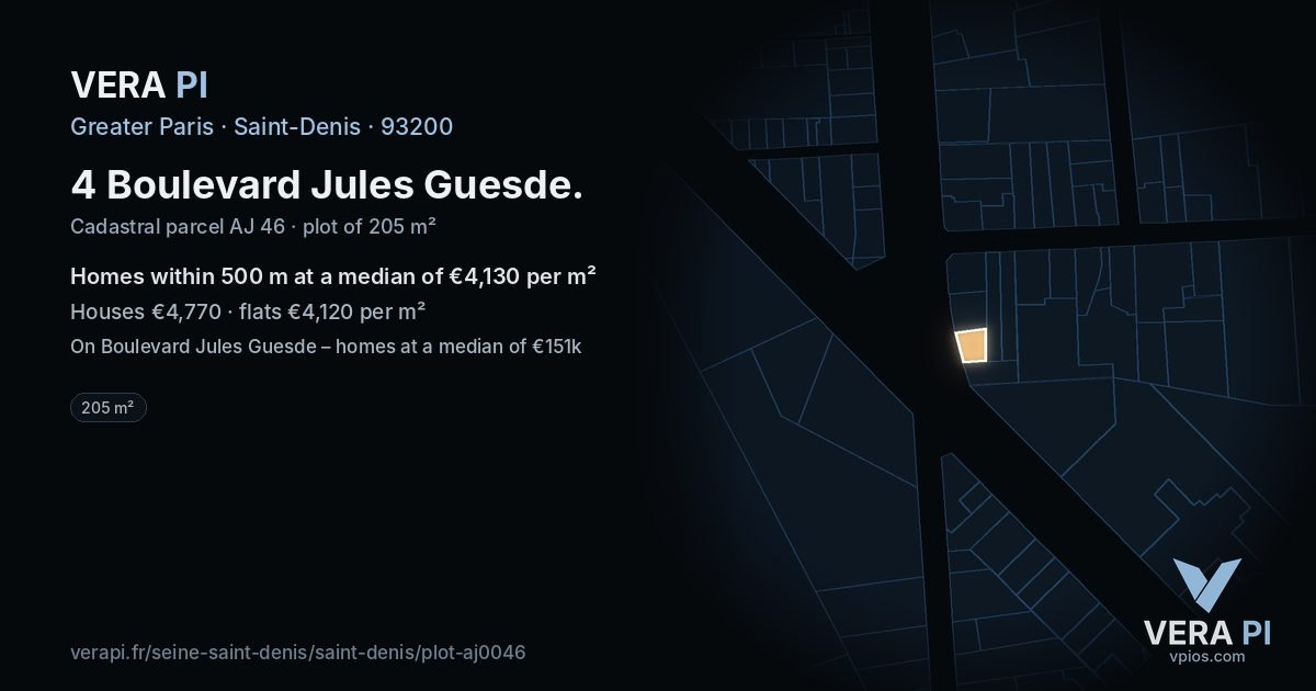 4 Boulevard Jules Guesde, Saint-Denis at night – the plot lit, the parcels around coloured by the prices near them