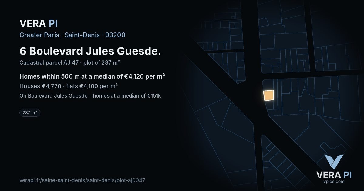 6 Boulevard Jules Guesde, Saint-Denis at night – the plot lit, the parcels around coloured by the prices near them
