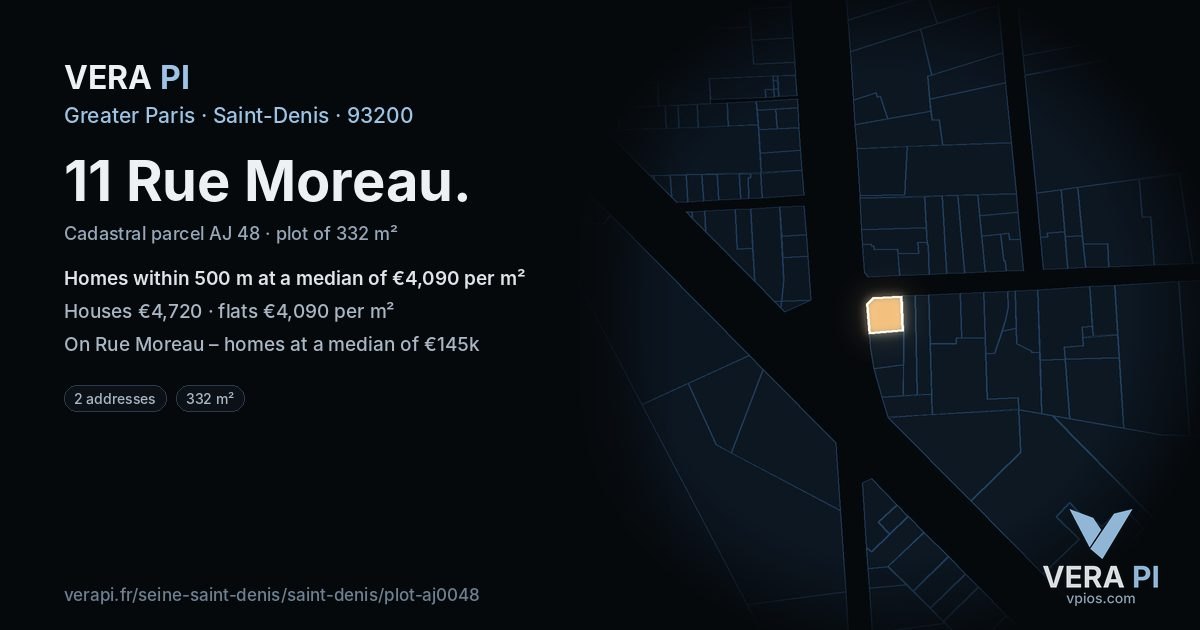 11 Rue Moreau, Saint-Denis at night – the plot lit, the parcels around coloured by the prices near them