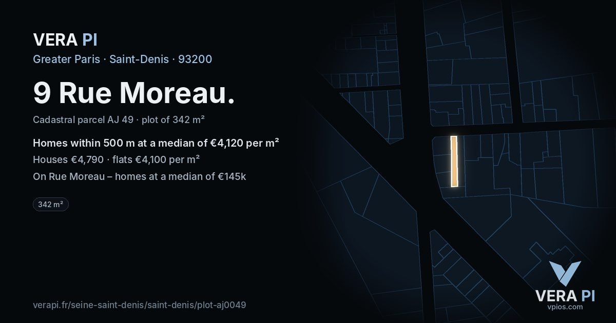 9 Rue Moreau, Saint-Denis at night – the plot lit, the parcels around coloured by the prices near them