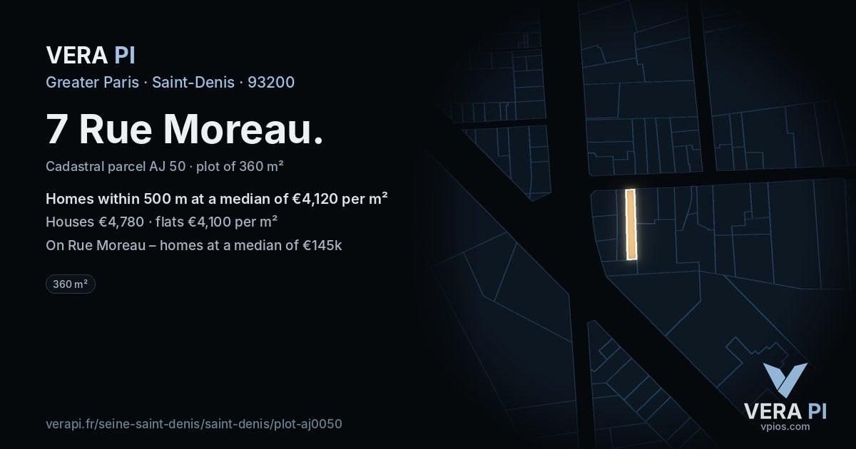 7 Rue Moreau, Saint-Denis at night – the plot lit, the parcels around coloured by the prices near them