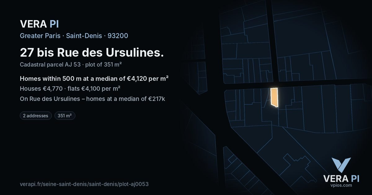 27 bis Rue des Ursulines, Saint-Denis at night – the plot lit, the parcels around coloured by the prices near them