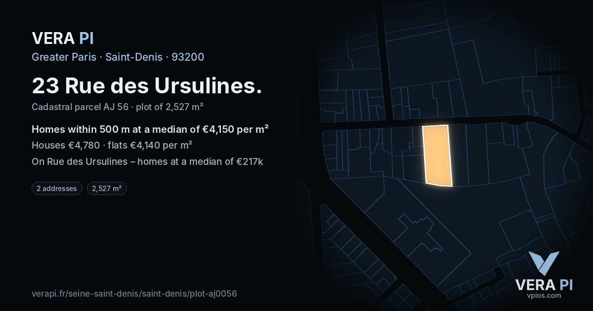 23 Rue des Ursulines, Saint-Denis at night – the plot lit, the parcels around coloured by the prices near them