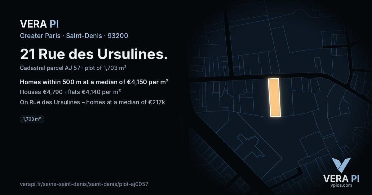 21 Rue des Ursulines, Saint-Denis at night – the plot lit, the parcels around coloured by the prices near them