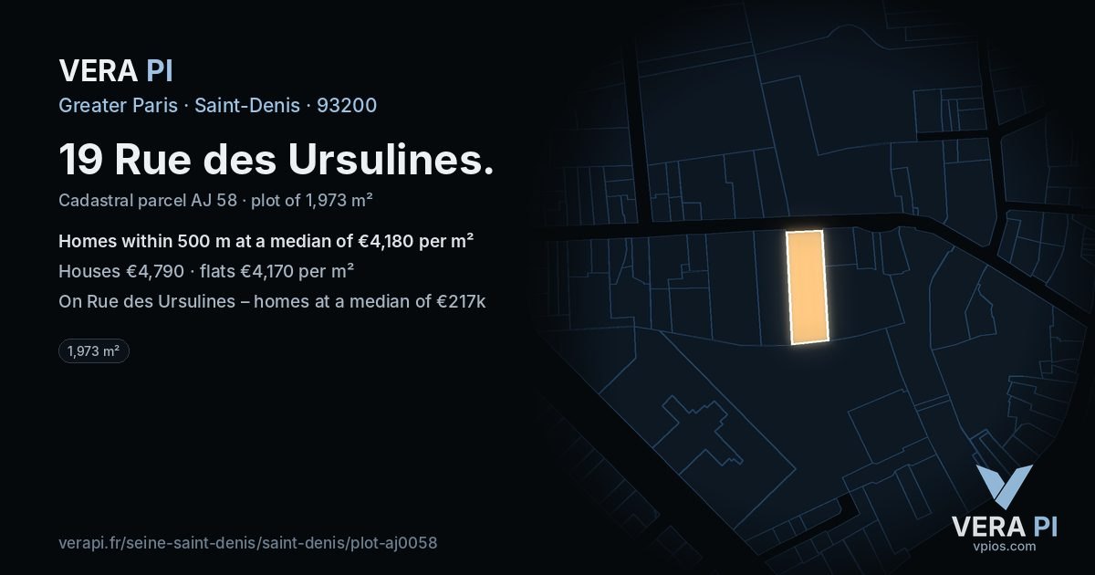 19 Rue des Ursulines, Saint-Denis at night – the plot lit, the parcels around coloured by the prices near them
