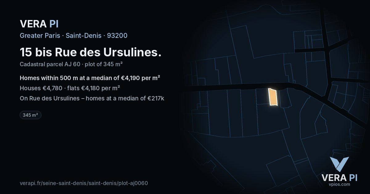 15 bis Rue des Ursulines, Saint-Denis at night – the plot lit, the parcels around coloured by the prices near them