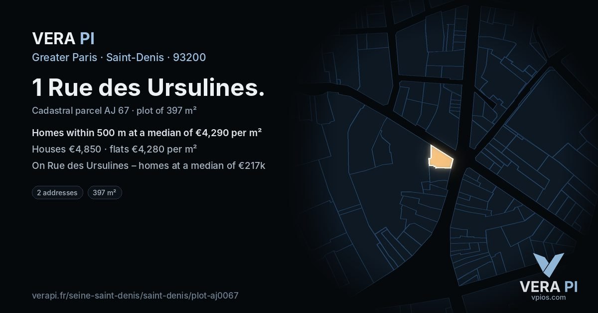 1 Rue des Ursulines, Saint-Denis at night – the plot lit, the parcels around coloured by the prices near them