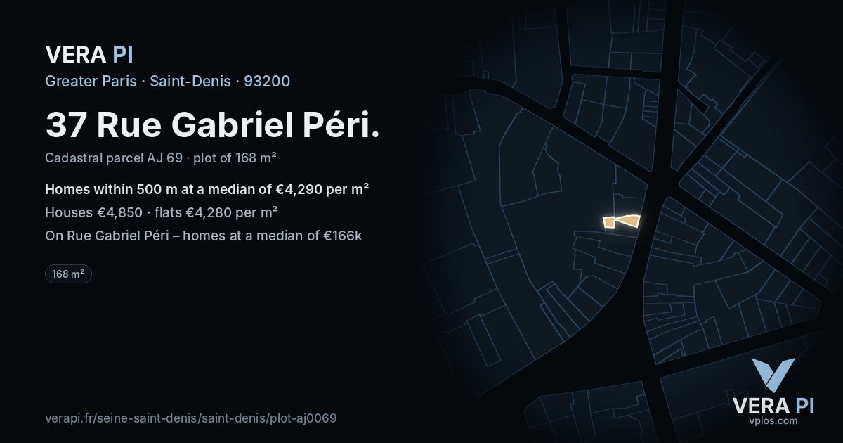37 Rue Gabriel Péri, Saint-Denis at night – the plot lit, the parcels around coloured by the prices near them