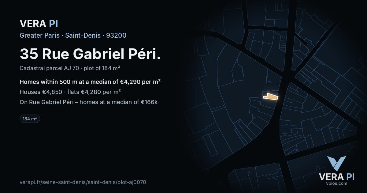 35 Rue Gabriel Péri, Saint-Denis at night – the plot lit, the parcels around coloured by the prices near them