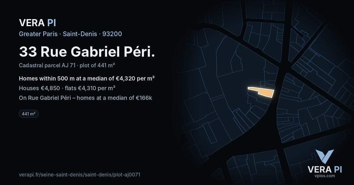 33 Rue Gabriel Péri, Saint-Denis at night – the plot lit, the parcels around coloured by the prices near them