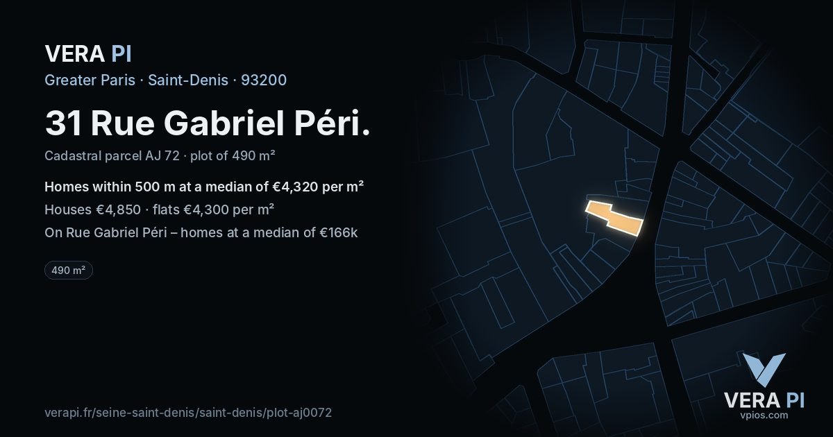31 Rue Gabriel Péri, Saint-Denis at night – the plot lit, the parcels around coloured by the prices near them