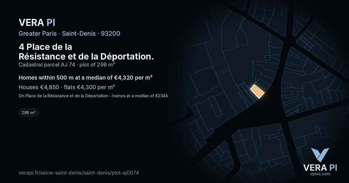 4 Place de la Résistance et de la Déportation, Saint-Denis at night – the plot lit, the parcels around coloured by the prices near them