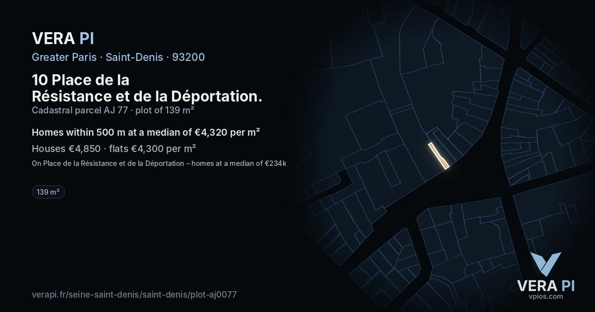 10 Place de la Résistance et de la Déportation, Saint-Denis at night – the plot lit, the parcels around coloured by the prices near them