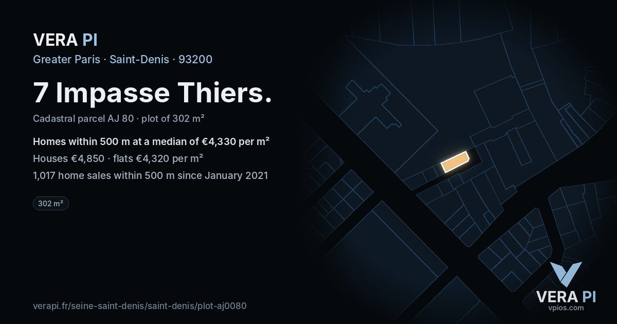 7 Impasse Thiers, Saint-Denis at night – the plot lit, the parcels around coloured by the prices near them