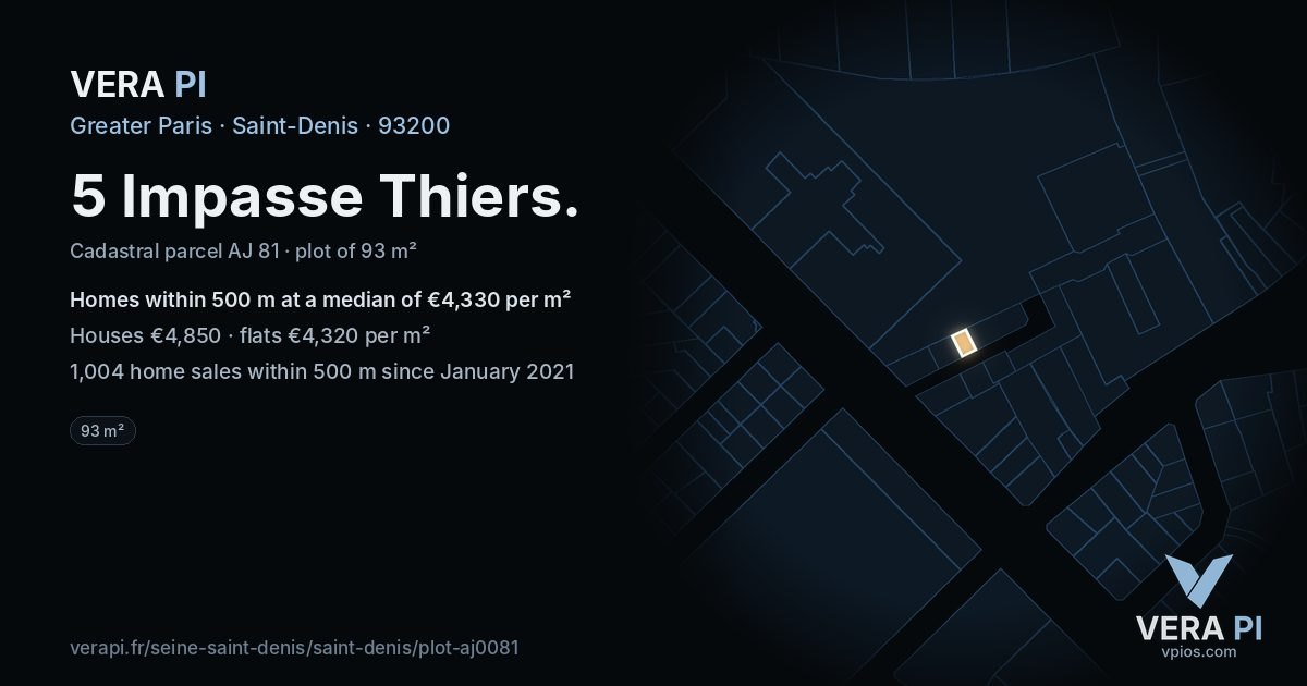 5 Impasse Thiers, Saint-Denis at night – the plot lit, the parcels around coloured by the prices near them