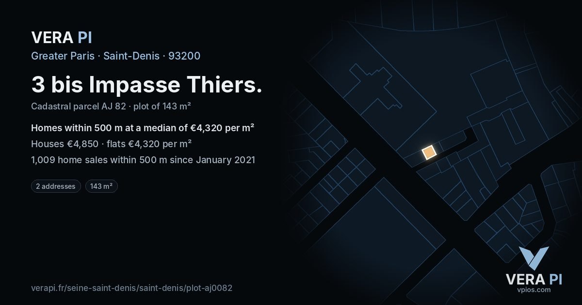 3 bis Impasse Thiers, Saint-Denis at night – the plot lit, the parcels around coloured by the prices near them