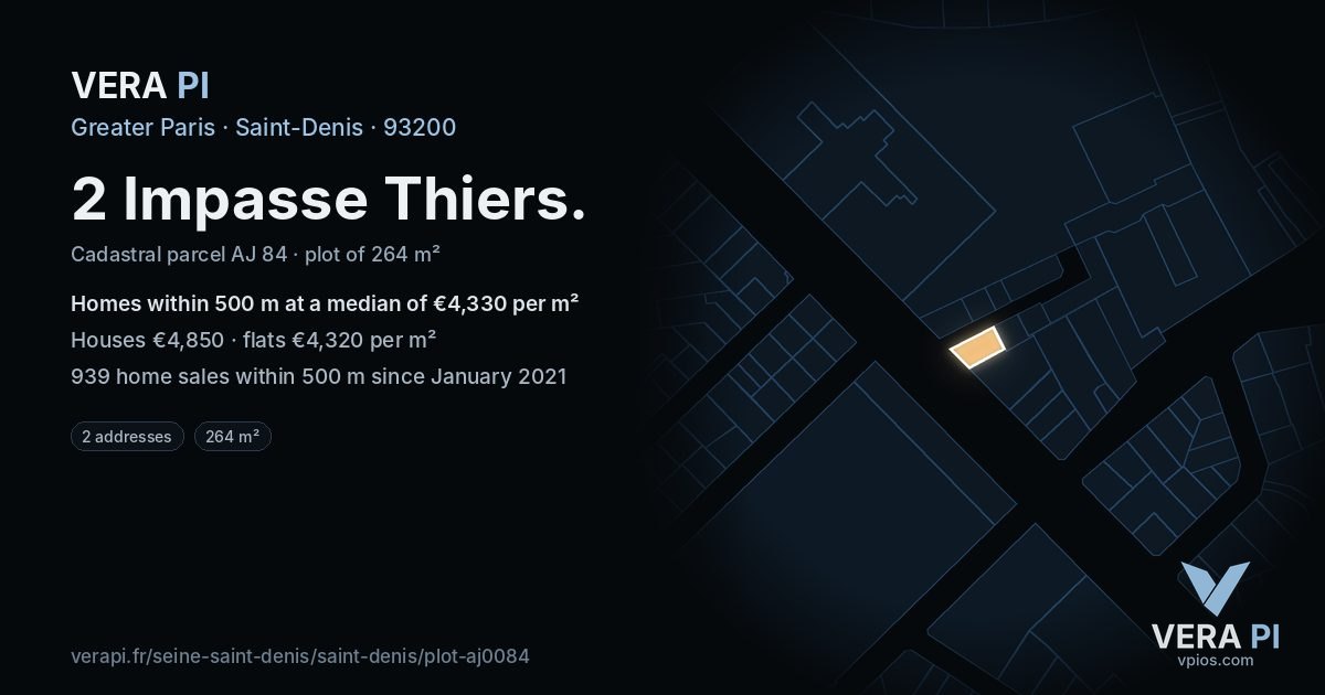 2 Impasse Thiers, Saint-Denis at night – the plot lit, the parcels around coloured by the prices near them