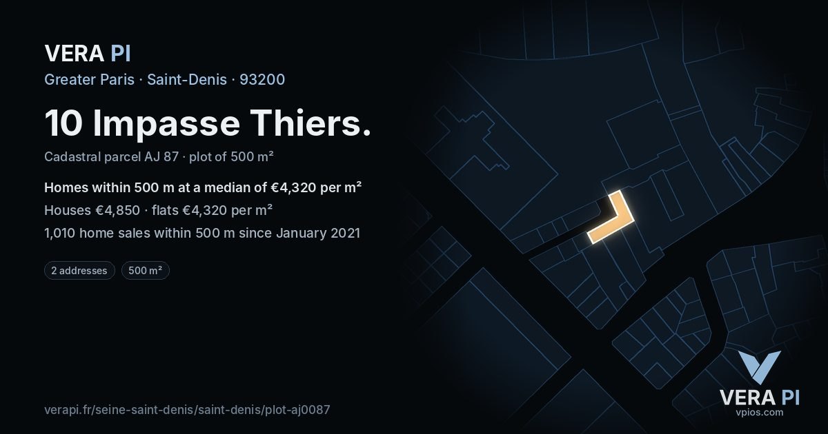 10 Impasse Thiers, Saint-Denis at night – the plot lit, the parcels around coloured by the prices near them
