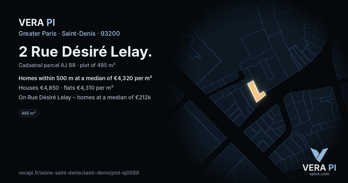 2 Rue Désiré Lelay, Saint-Denis at night – the plot lit, the parcels around coloured by the prices near them